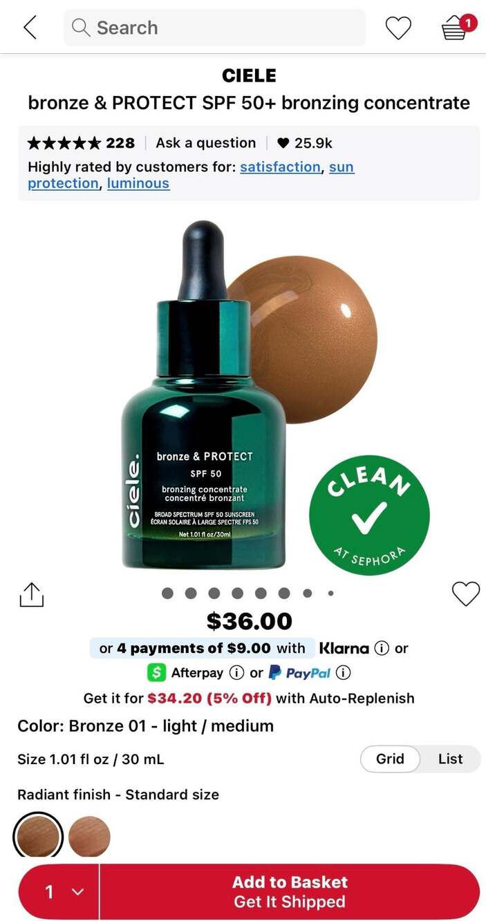 Ciele Bronze & Protect SPF 50 Bronzing Concentrate Bronze 01 -1.01 fl oz / 30 mL - Picture 8 of 8